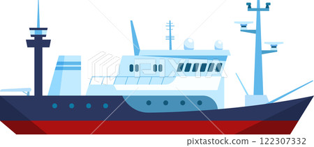 Stylized illustration of a modern cargo ship with a blue and red color scheme. Features include antennas, radar equipment, and a sleek design, emphasizing maritime technology 122307332