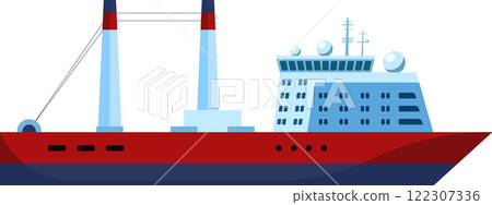 Illustration of a modern cargo ship featuring a sleek red and blue design. Equipped with advanced navigation and communication systems, ideal for maritime transport and logistics 122307336