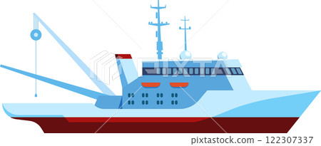 Illustration of a modern fishing vessel featuring advanced equipment, including radar and cranes. The design highlights the ship s functionality and sleek, streamlined structure 122307337