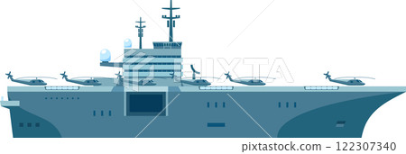Illustration of a modern aircraft carrier with multiple helicopters landing on its deck. The design showcases naval aviation and military technology in a detailed vector style 122307340