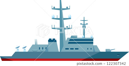 Illustration of a modern naval warship featuring advanced radar systems and communication equipment. The vessel is designed for maritime defense and military operations 122307342