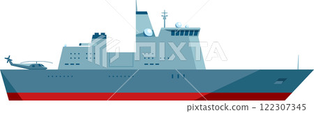 Illustration of a modern naval warship with a helicopter on its deck. The vessel features advanced radar systems and a sleek design, highlighting its military capabilities 122307345
