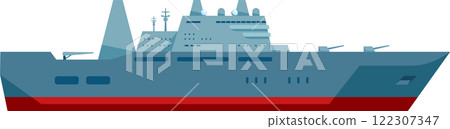 Illustration of a modern naval warship showcasing advanced design and technology. The vessel features sleek lines, radar equipment, and weaponry, emphasizing maritime security capabilities Illustration of a modern naval warship showcasing advanced design and technology. The vessel features sleek lines, radar equipment, and weaponry, emphasizing maritime security capabilities 122307347