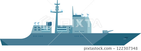 Modern warship equipped with radar, antenna, and weapon systems is patrolling the sea, ensuring maritime security and readiness for potential threats Modern warship equipped with radar, antenna, and weapon systems is patrolling the sea, ensuring maritime security and readiness for potential threats 122307348