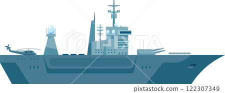 Illustration of a modern naval warship featuring a helicopter on the deck, advanced radar systems, and artillery. The vessel showcases sleek design and military technology Illustration of a modern naval warship featuring a helicopter on the deck, advanced radar systems, and artillery. The vessel showcases sleek design and military technology 122307349