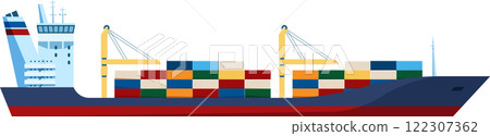 Illustration of a large cargo ship carrying stacked containers across the ocean. The vessel features cranes and a streamlined design, symbolizing global trade and maritime logistics Illustration of a large cargo ship carrying stacked containers across the ocean. The vessel features cranes and a streamlined design, symbolizing global trade and maritime logistics 122307362