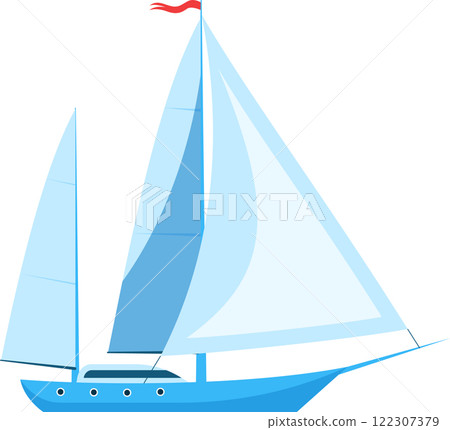 Illustration of a sleek blue sailboat with large billowing sails and a red flag. The minimalist design highlights the nautical theme, ideal for marine related projects and designs 122307379