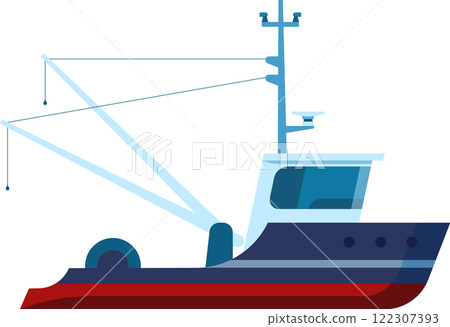 Stylized illustration of a fishing trawler featuring prominent rigging and equipment. The vessel showcases a streamlined design with a focus on functionality and maritime technology 122307393