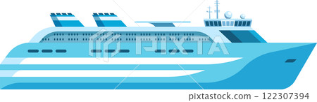 Large and modern cruise ship sailing on calm sea water, offering luxury travel and vacation experience, featuring multiple decks, cabins, restaurants, and amenities for passenger enjoyment 122307394