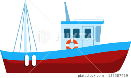 Small fishing boat sailing on the sea with lowered sails and fenders hanging on the side, equipped with a cabin, windows, an antenna, a lifebuoy, and a red and blue hull 122307419