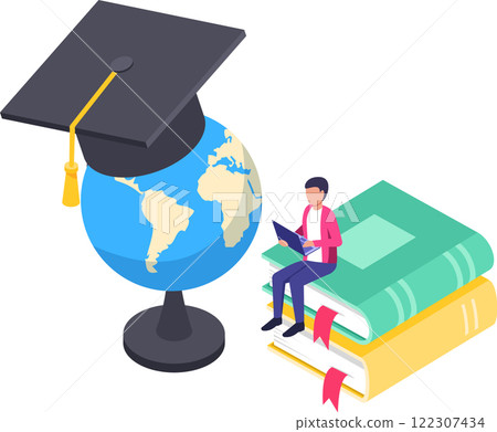 International student learning online using laptop sitting on books with graduation cap and world globe representing global education and knowledge International student learning online using laptop sitting on books with graduation cap and world globe representing global education and knowledge 122307434