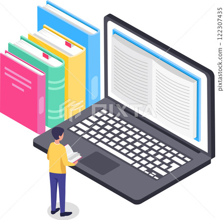 Student is reading a book while learning using a giant laptop with an open digital book and colorful books next to it, representing online education and e learning 122307435