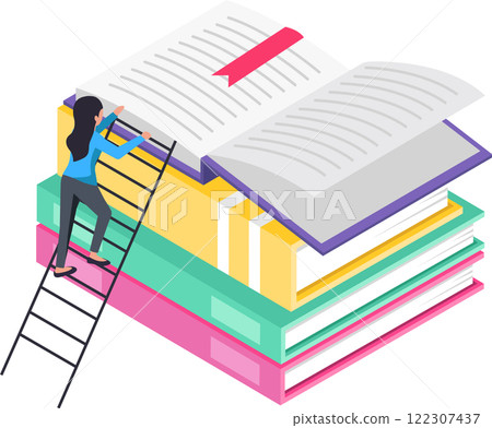 Student climbing a ladder to reach a large open book placed on top of a stack of colorful books, symbolizing the pursuit of knowledge and academic achievement 122307437