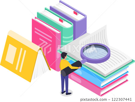 Student holding magnifying glass analyzing textbook, surrounded by books, studying and preparing exam, searching information, learning and education concept, isometric illustration Student holding magnifying glass analyzing textbook, surrounded by books, studying and preparing exam, searching information, learning and education concept, isometric illustration 122307441