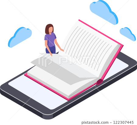 Online education concept showing a woman browsing an ebook displayed on a smartphone with cloud computing in the background, isometric view 122307445