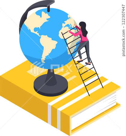 Student climbing a ladder to reach a globe placed on a book, depicting the concept of learning geography or global education in an isometric illustration Student climbing a ladder to reach a globe placed on a book, depicting the concept of learning geography or global education in an isometric illustration 122307447