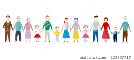 不同年齡層的人牽手的手繪插畫 122307717