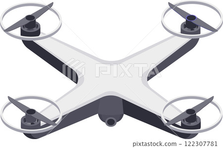 Illustration of a sleek quadcopter drone featuring a camera, designed for aerial photography and videography. The drone s streamlined design highlights modern technology and innovation Illustration of a sleek quadcopter drone featuring a camera, designed for aerial photography and videography. The drone s streamlined design highlights modern technology and innovation 122307781