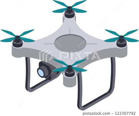 Quadcopter drone with camera hovering, showing propellers and landing gear, in isometric view, ideal for technology and innovation concepts 122307792