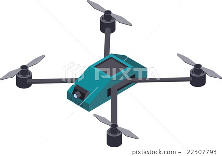 Illustration of a sleek quadcopter drone equipped with four propellers and a camera, showcasing advanced technology for aerial photography and videography in a modern design 122307793