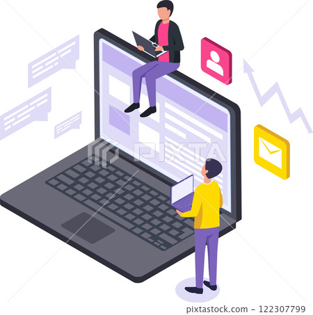 Website administration and software development featuring programmers collaborating on laptops to manage content, illustrated in an isometric style 122307799