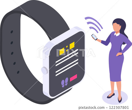 Businesswoman in a purple dress interacts with a large smartwatch and smartphone, illustrating modern wearable technology and connectivity in a digital lifestyle 122307801