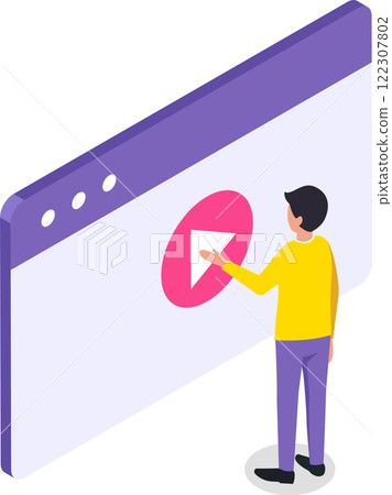 Isometric illustration depicting a man interacting with a play button on a website or app page, representing online video streaming and user experience design Isometric illustration depicting a man interacting with a play button on a website or app page, representing online video streaming and user experience design 122307802