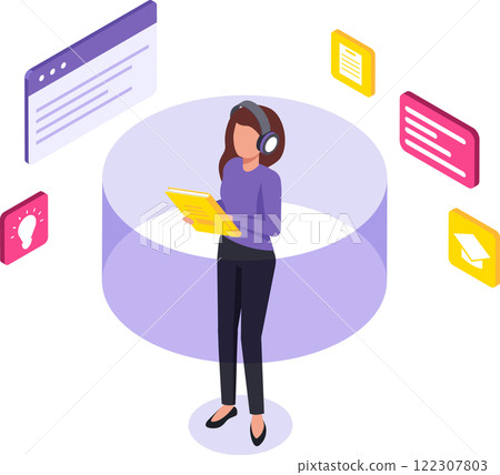 Woman wearing headphones is learning online, holding a laptop and surrounded by icons representing education, ideas, and documents, symbolizing online education and e learning 122307803