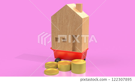 The Wood House on red cart for Property or Building concept 3d Rendering. The Wood House on red cart for Property or Building concept 3d Rendering. 122307895