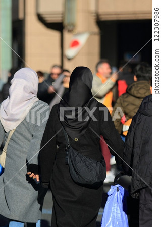 Foreign tourists walking through Ginza's pedestrian precinct Foreign tourists walking through Ginza's pedestrian precinct 122307986