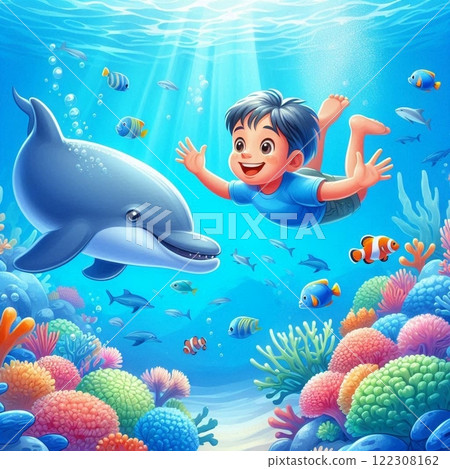 Boy swimming with dolphins 122308162
