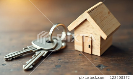 Wooden house model with keychain and two keys, homeownership concept 122308372