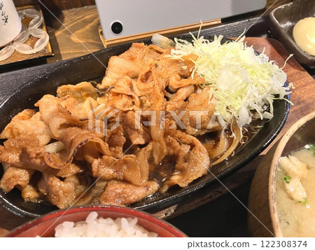 Large serving of ginger pork set meal - our most popular set meal 122308374
