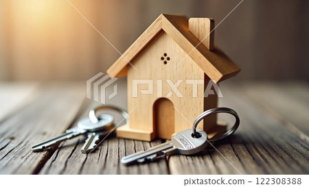 Wooden house model with keychain and two keys, homeownership concept 122308388