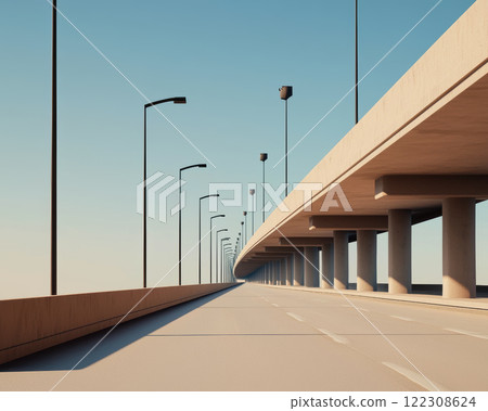 modern pedestrian bridge with streetlights extending into distance, showcasing clear blue sky 122308624