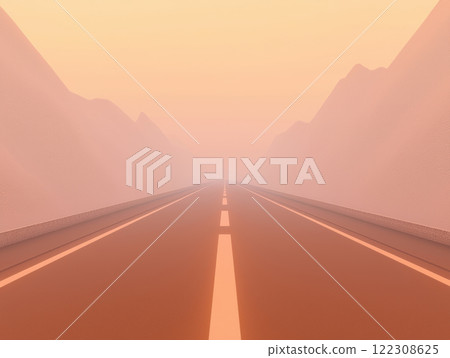 deserted highway stretches into hazy distance, surrounded by mountains, evoking sense of solitude and mystery 122308625