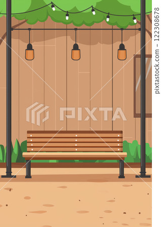 serene park bench under soft lighting, surrounded by greenery and wooden walls, invites relaxation 122308678
