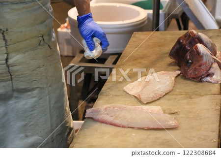 Fresh fish preparation: Red sea bream filleted into three pieces 122308684