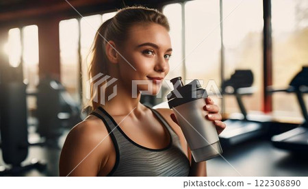 Smiling woman holding a protein shaker, symbolizing a healthy lifestyle at the training gym 122308890