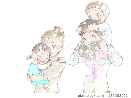 A young family taking a walk on a warm day 122308921