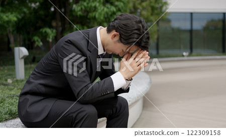Businessman holding his head outside Businessman holding his head outside 122309158
