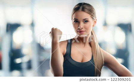 Beautiful European woman showing off her muscles at the gym Beautiful European woman showing off her muscles at the gym 122309201