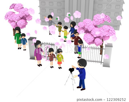 An elementary school entrance ceremony with cherry blossoms in bloom. Many parents and children attend the ceremony. 122309252