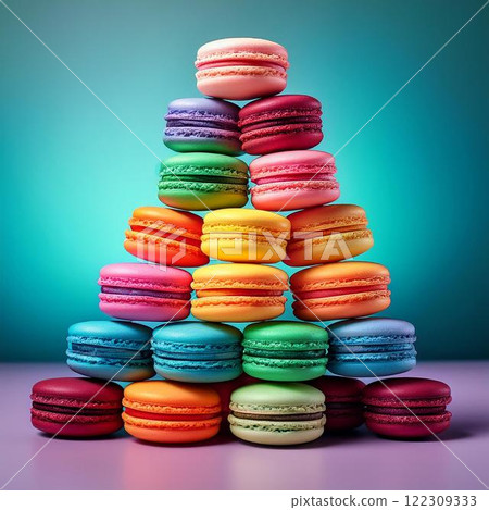A delicious-looking rainbow-colored macaron tower 122309333