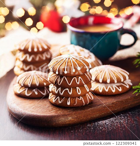 Delicious looking ginger man biscuits with sugar icing 122309341