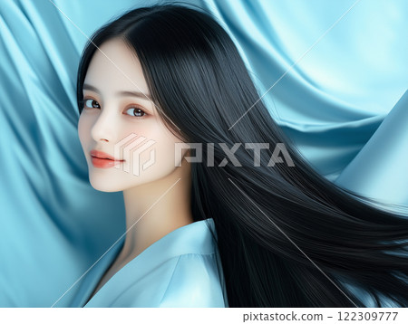 Woman with beautiful hair on light blue background 122309777