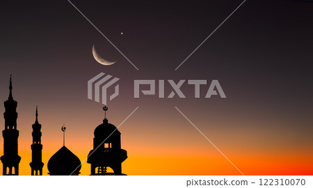 Musque Dome Night Building with Sky Moon Sunset Background Mubaruk Greeting Islam Ramadan Element Masjid Aqsa Hajj Kaaba Umrah Eid Arabian Religion Islamic Muhammad Arab Muslim Greeting. 122310070