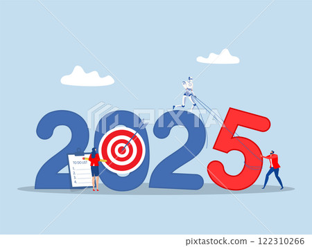 Artificial intelligence of the future innovation Year 2025 vision,businessman push 2025 number together robbot with human support concept 122310266