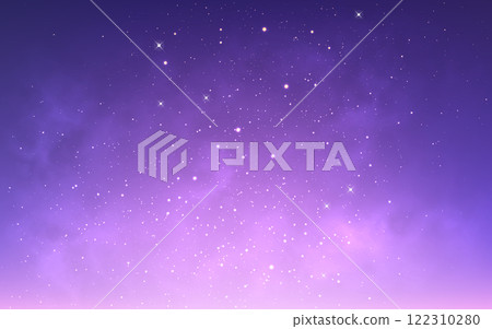 Nebula background. Purple space texture. Realistic color galaxy. Bright starry cosmos. Glowing outer space wallpaper. Magic cosmic clouds with stardust. Vector illustration 122310280