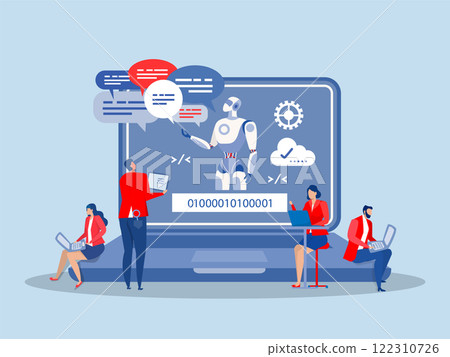 business people and an artificial intelligence robot communication.connecting artificial intelligence technology futuristic, AI, with brain Machine future cooperation vector business people and an artificial intelligence robot communication.connecting artificial intelligence technology futuristic, AI, with brain Machine future cooperation vector 122310726